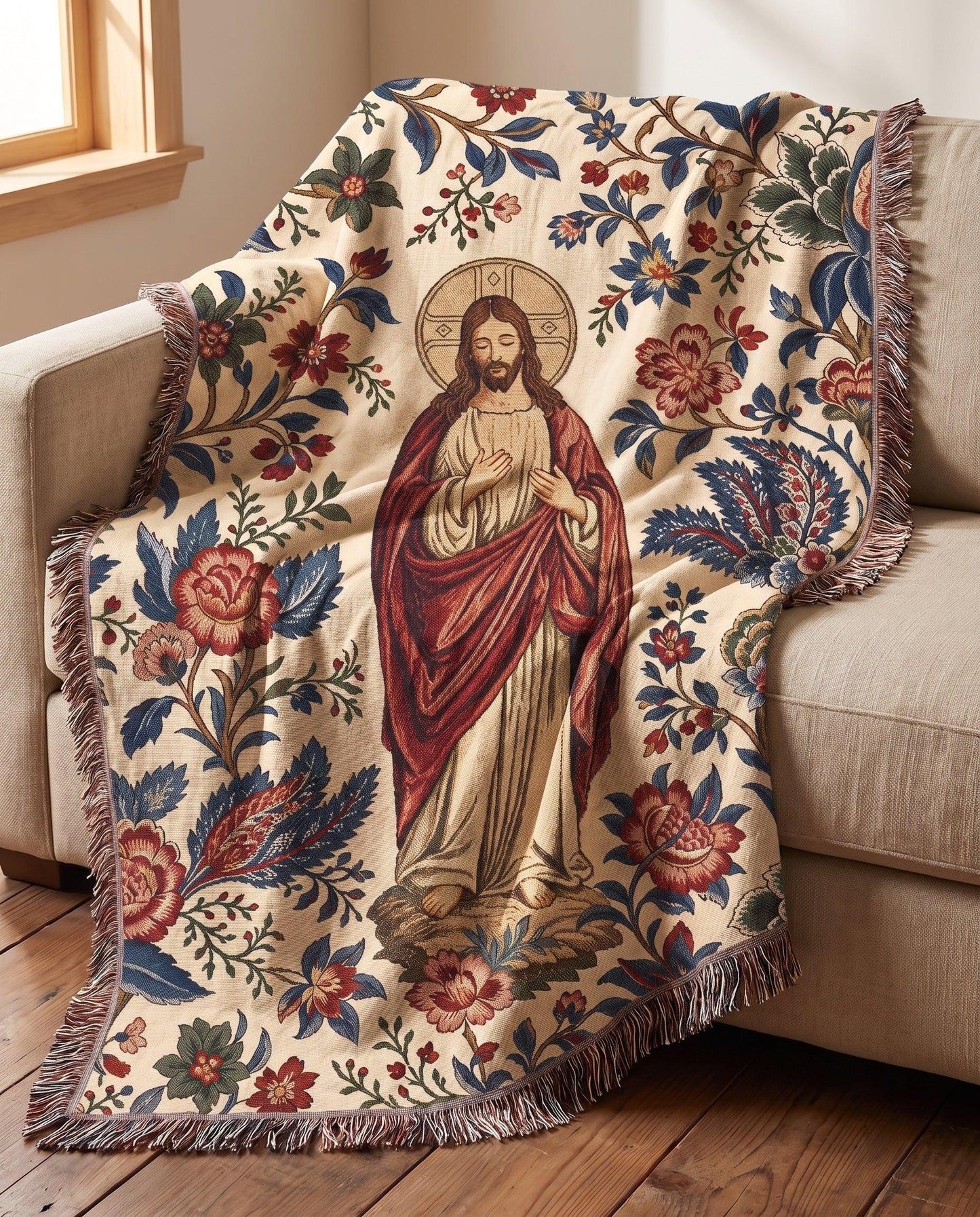 Jesus Sacred Heart Floral Woven Blanket