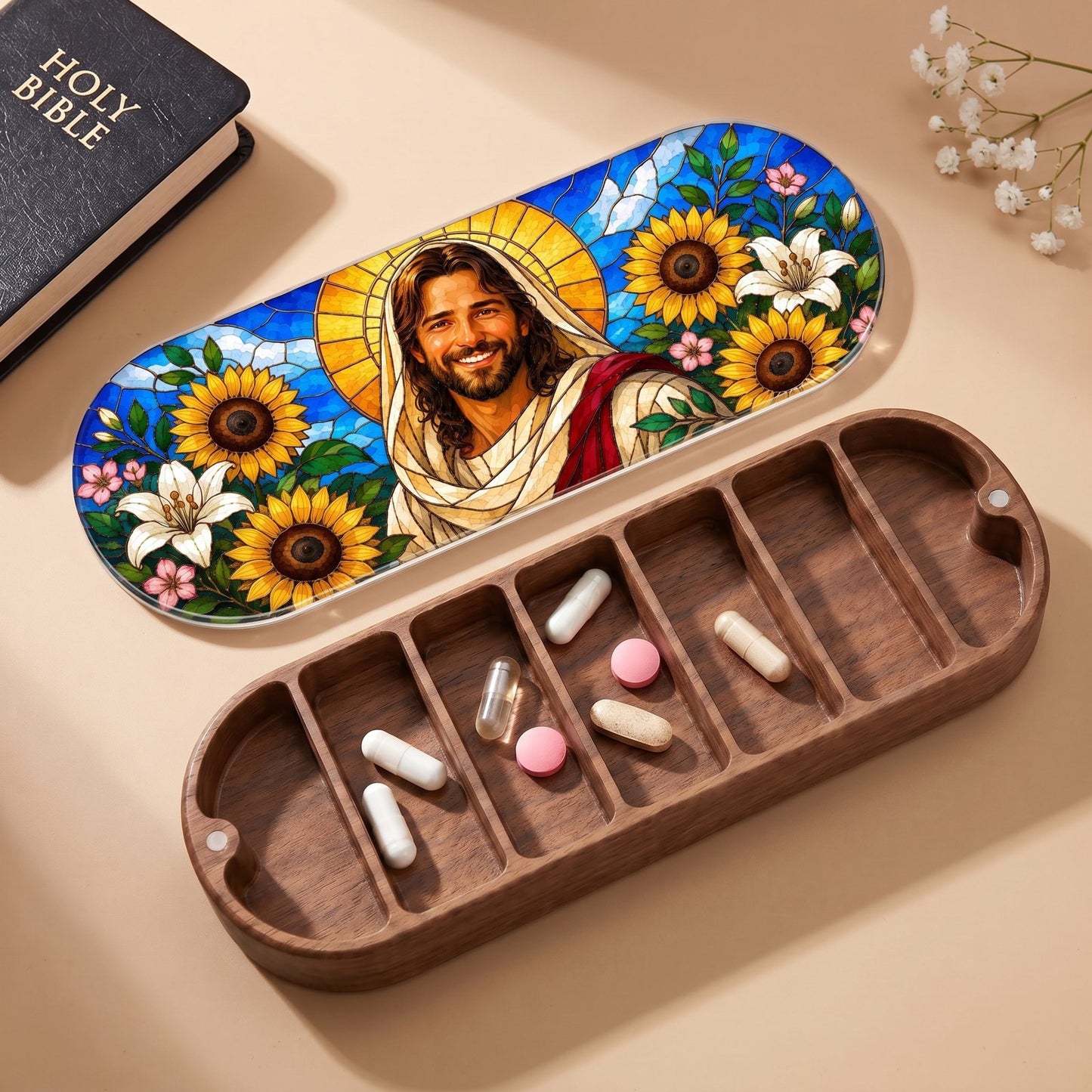 Jesus Sunflower Stained Glass Personalized Pill Case product image 1