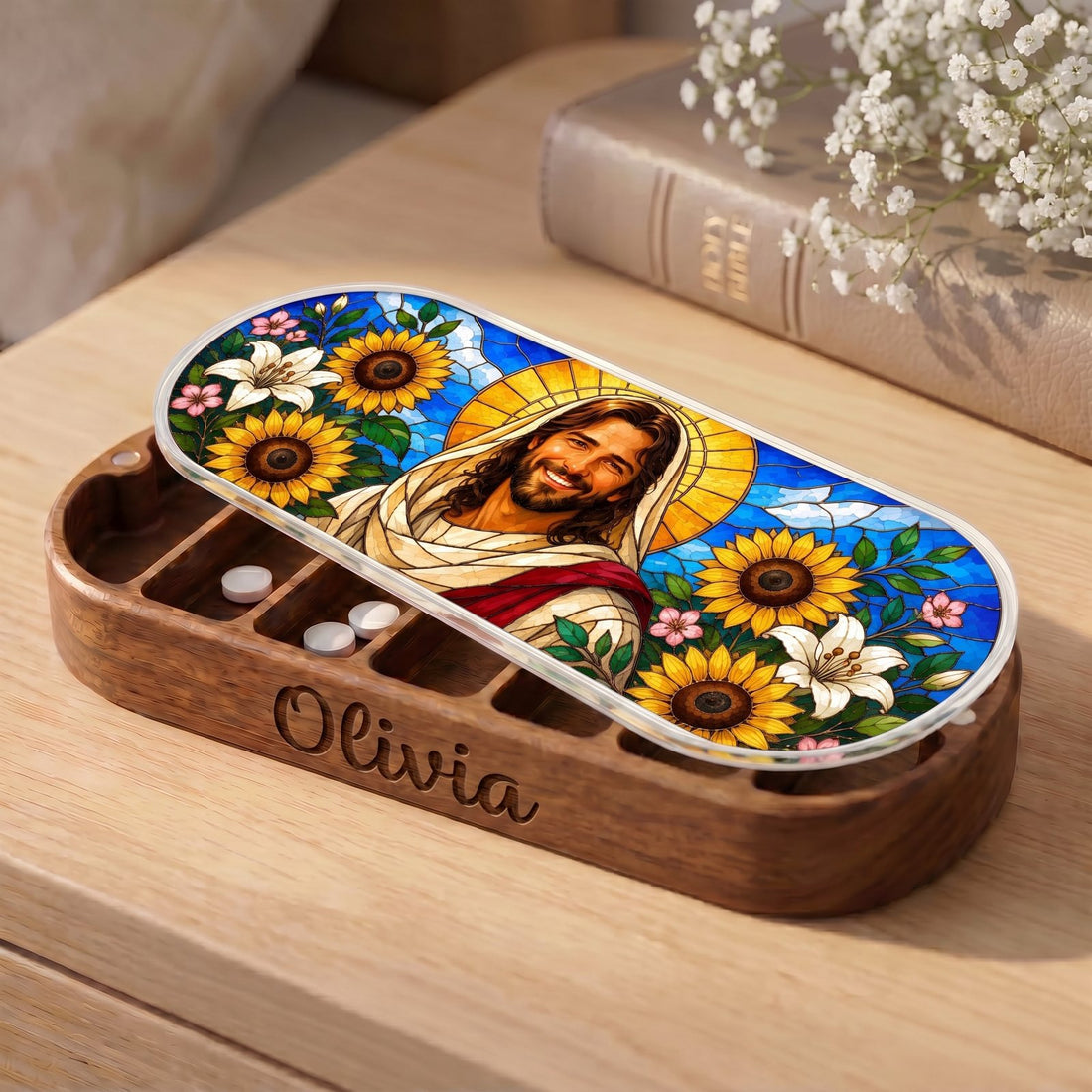 Jesus Sunflower Stained Glass Personalized Pill Case product image 5