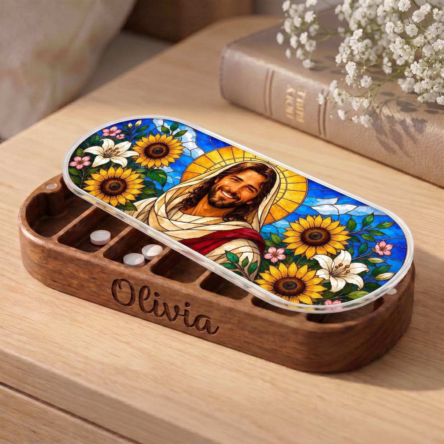 Jesus Sunflower Stained Glass Personalized Pill Case product image 5