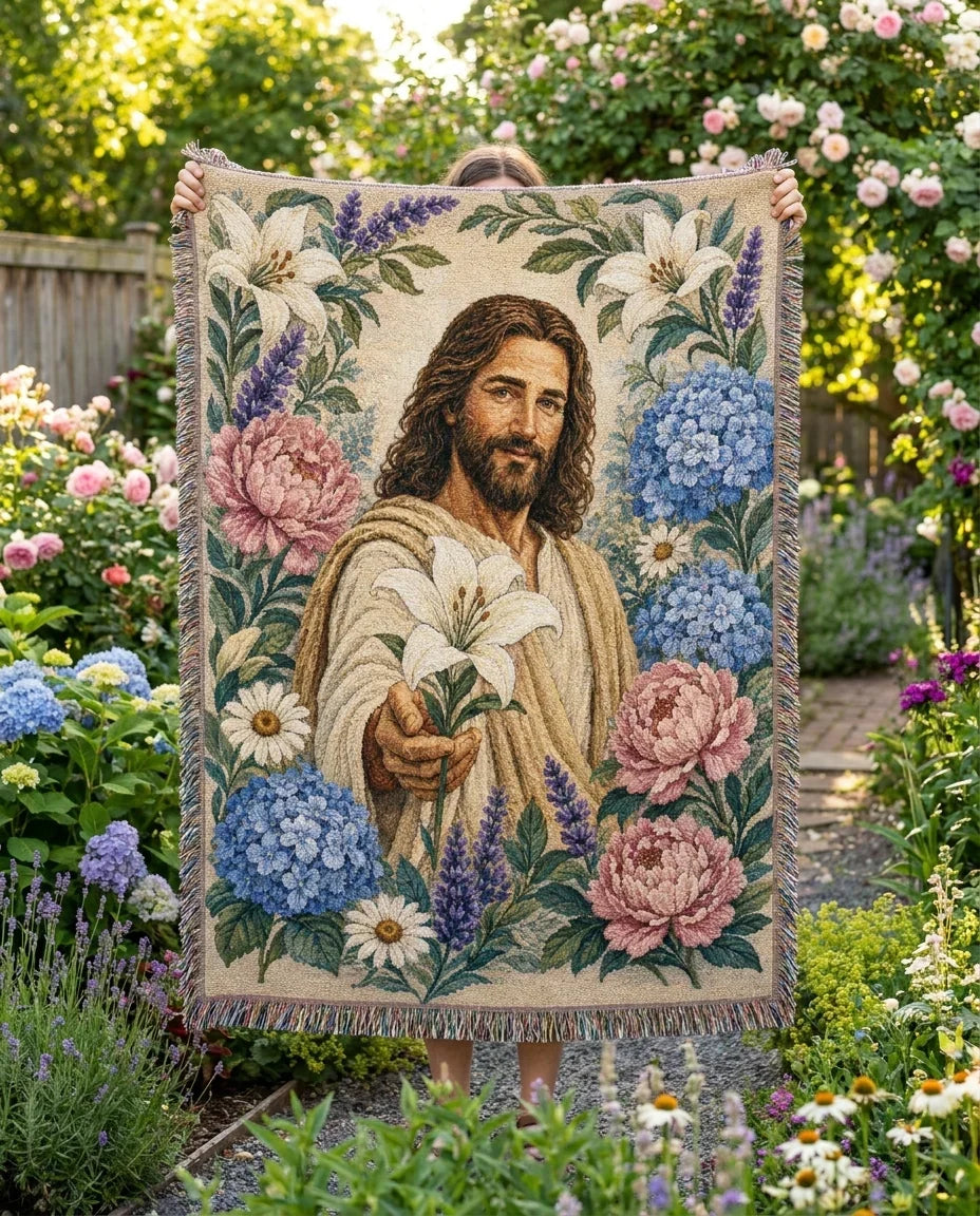 Jesus with White Lily - Garden of Grace Woven Blanket