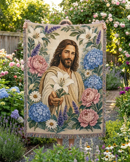 Jesus with White Lily - Garden of Grace Woven Blanket