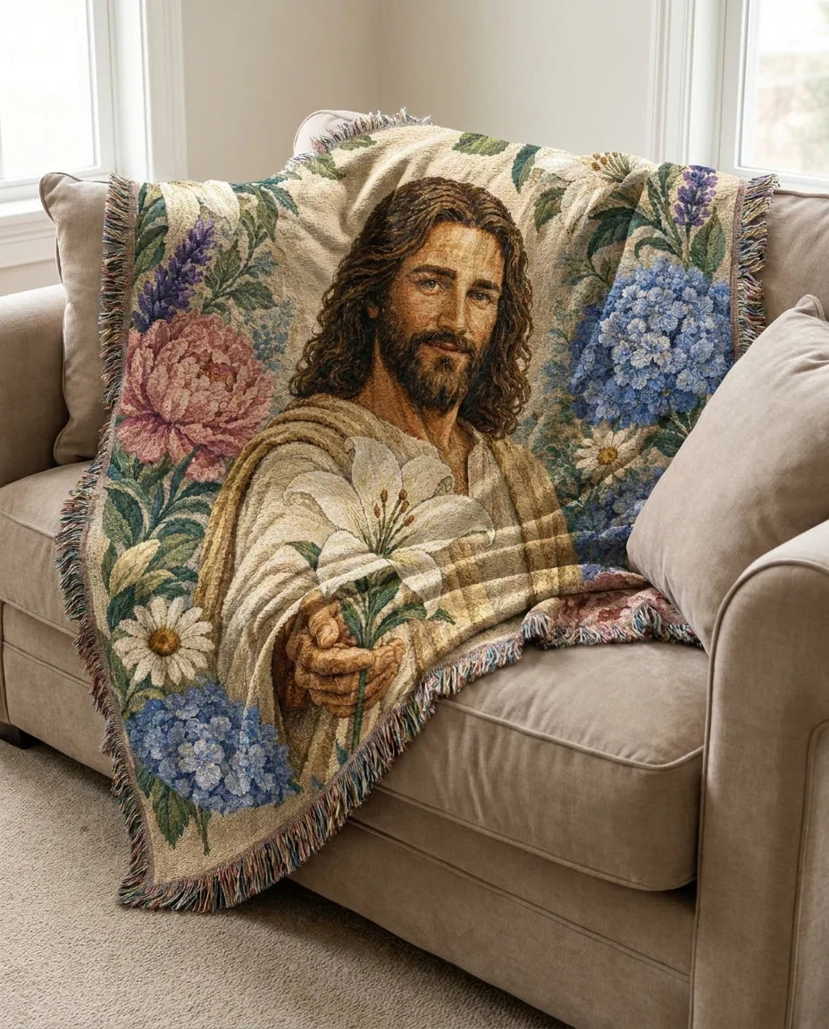 Jesus with White Lily - Garden of Grace Woven Blanket
