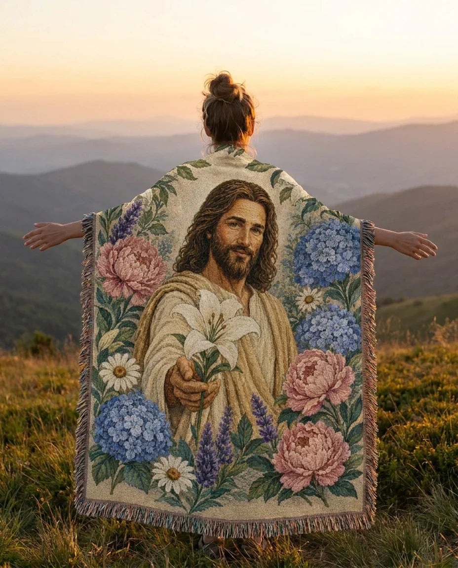 Jesus with White Lily - Garden of Grace Woven Blanket