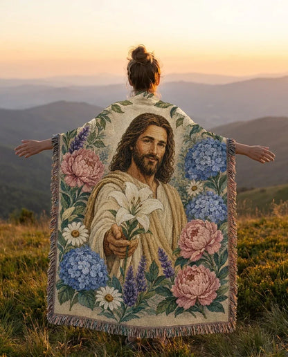 Jesus with White Lily - Garden of Grace Woven Blanket