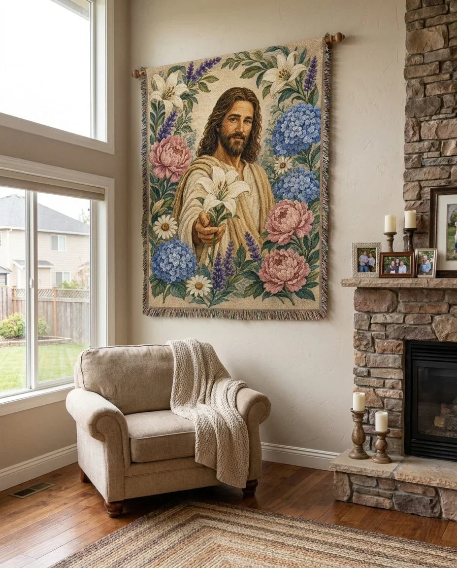 Jesus with White Lily - Garden of Grace Woven Blanket