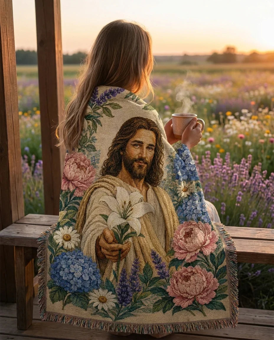 Jesus with White Lily - Garden of Grace Woven Blanket