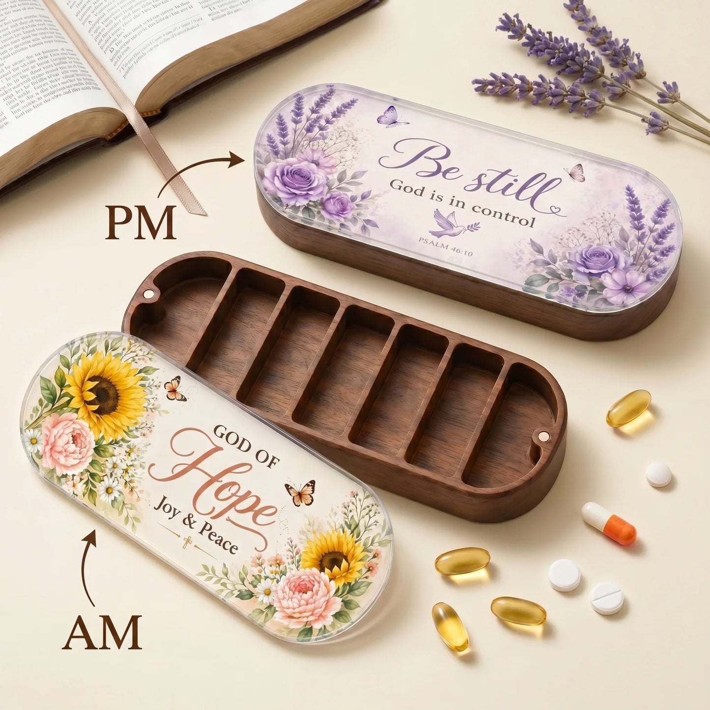Hope, Joy & Peace & God Is in Control AM/PM Pill Organizer Set