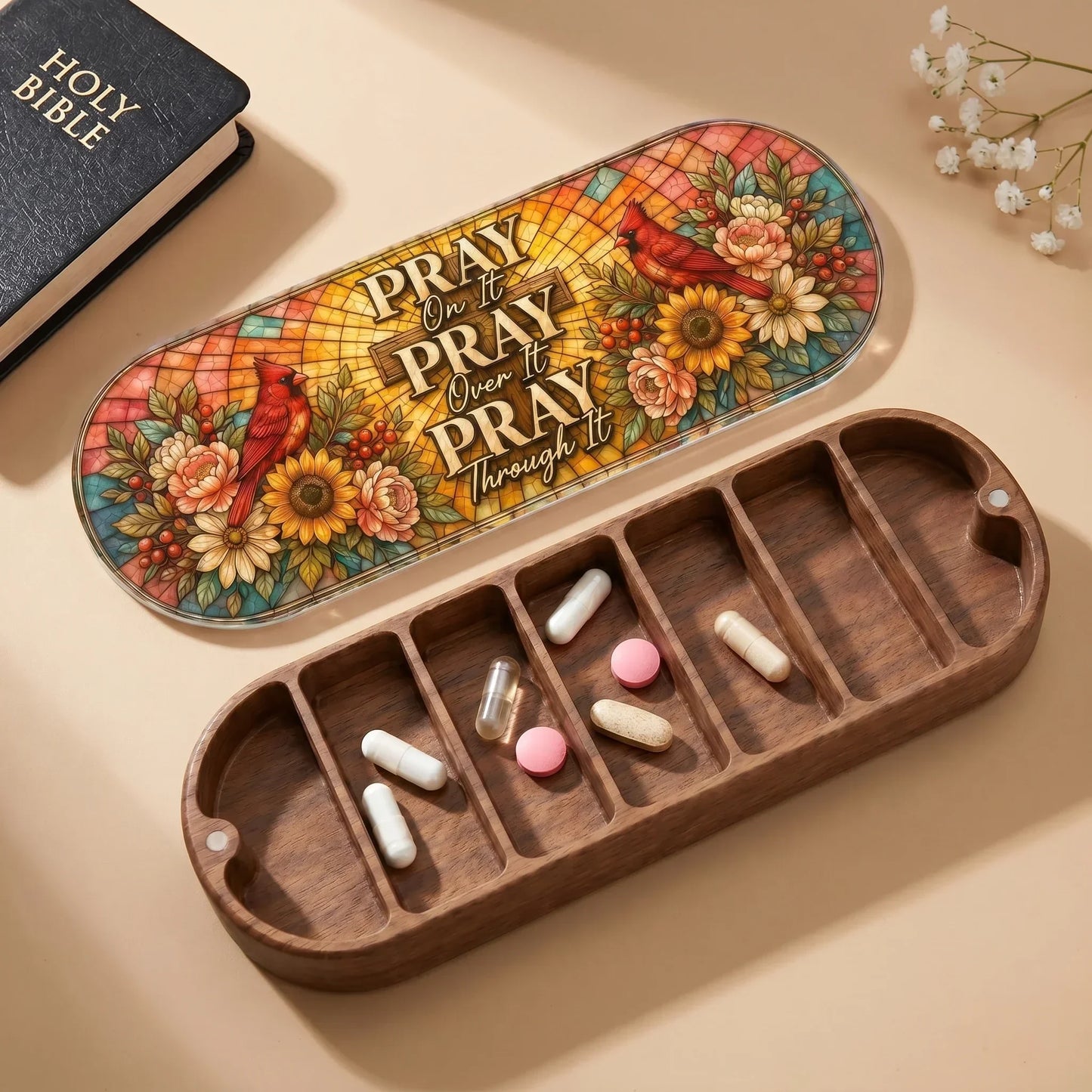 "Pray On It, Pray Over It, Pray Through It — Cardinal Floral" Pill Case