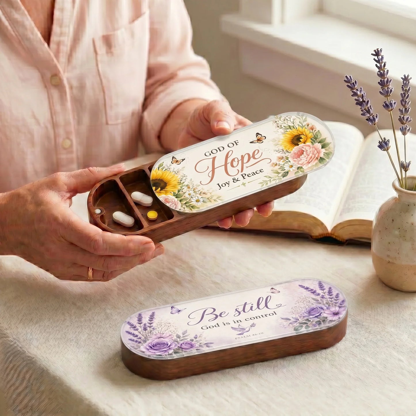 Hope, Joy & Peace & God Is in Control AM/PM Pill Organizer Set