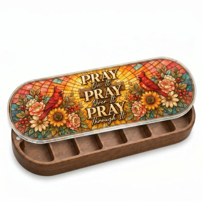 Wood-grain Pill Case with stained glass style lid featuring red cardinals, sunflowers, flowers, berries, leaves, and the text PRAY On It PRAY Over It PRAY Through It.