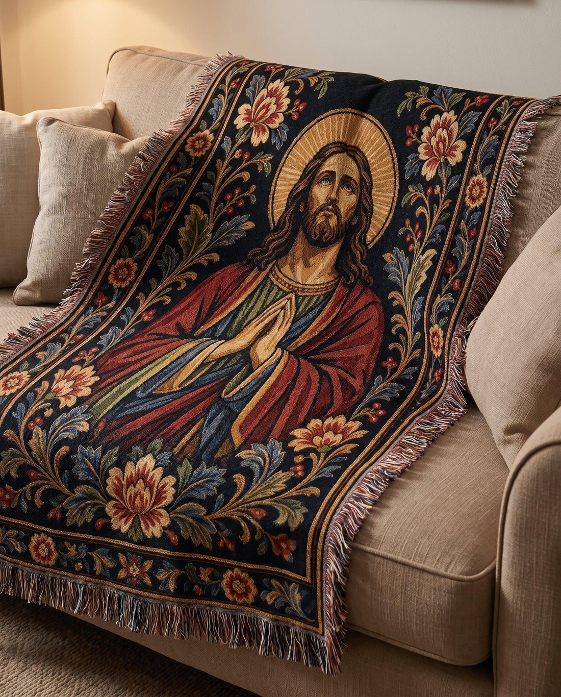 Praying Jesus Ornamental Tapestry Woven Blanket
