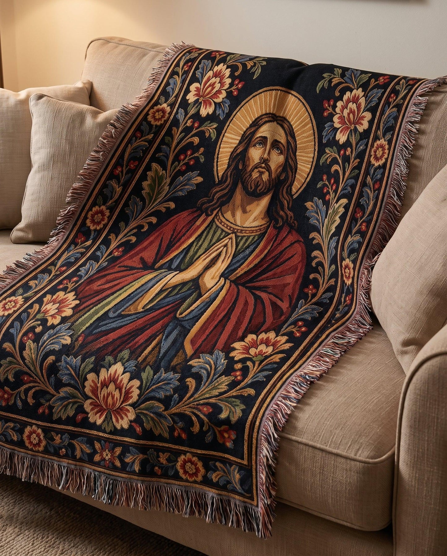 Praying Jesus Ornamental Tapestry Woven Blanket