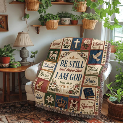 "Be Still and Know That I Am God — Psalm 46:10 Patchwork" Woven Blanket