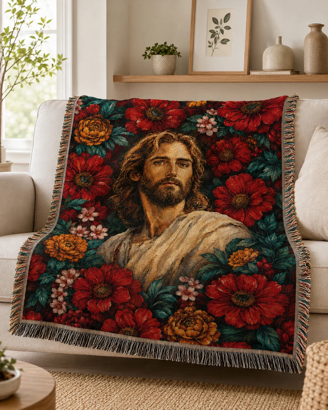 Sacred Portrait with Crimson Florals Woven Blanket