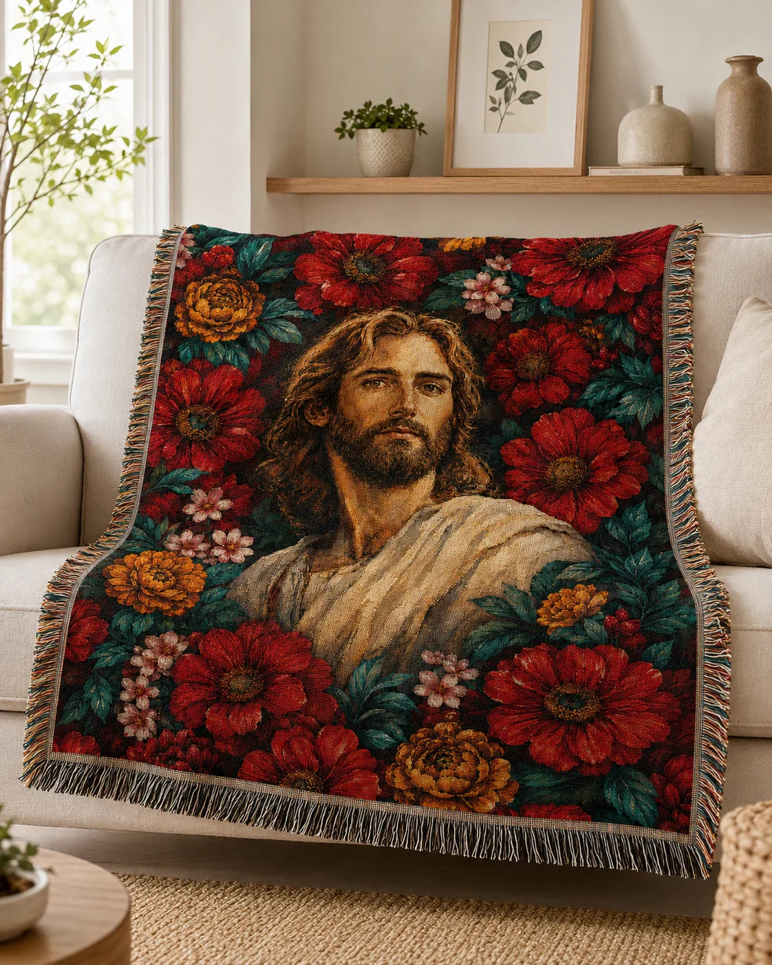 Sacred Portrait with Crimson Florals Woven Blanket