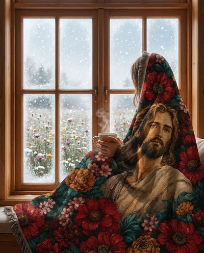 Sacred Portrait with Crimson Florals Woven Blanket