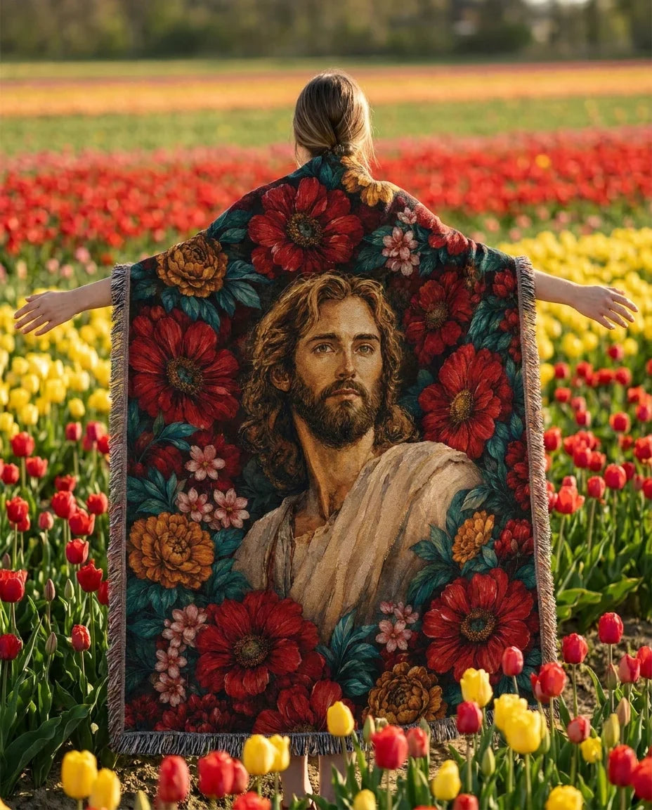 Sacred Portrait with Crimson Florals Woven Blanket