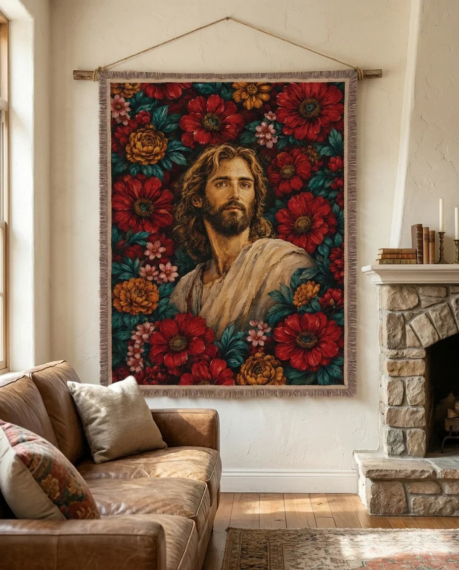 Sacred Portrait with Crimson Florals Woven Blanket