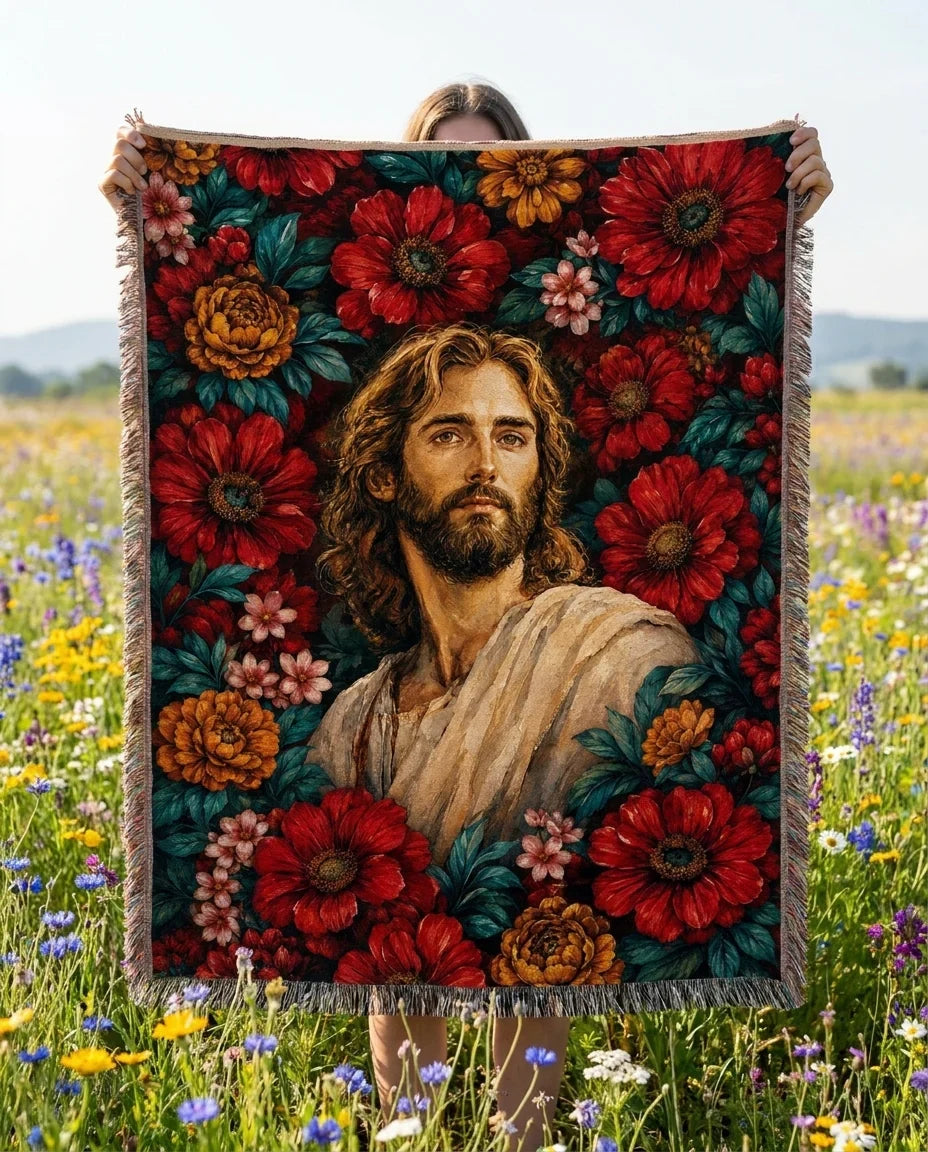 Sacred Portrait with Crimson Florals Woven Blanket