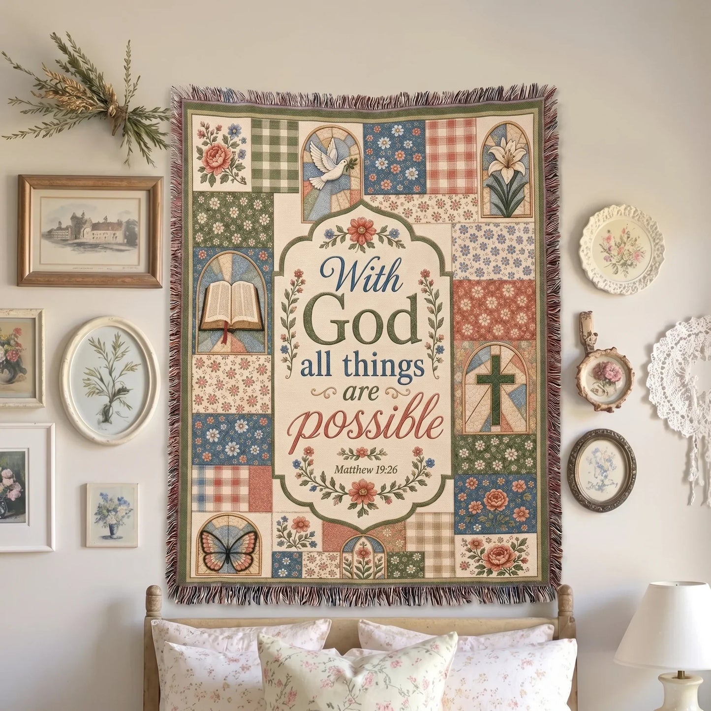 "With God All Things Are Possible — Matthew 19:26 Patchwork" Woven Blanket
