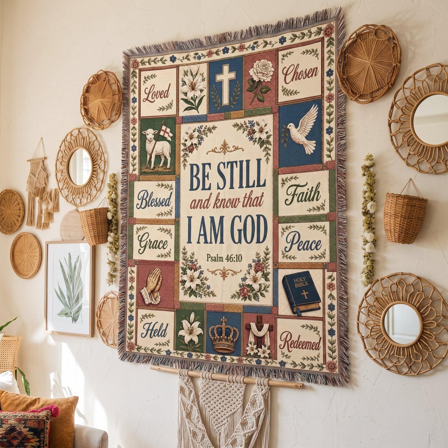 "Be Still and Know That I Am God — Psalm 46:10 Patchwork" Woven Blanket