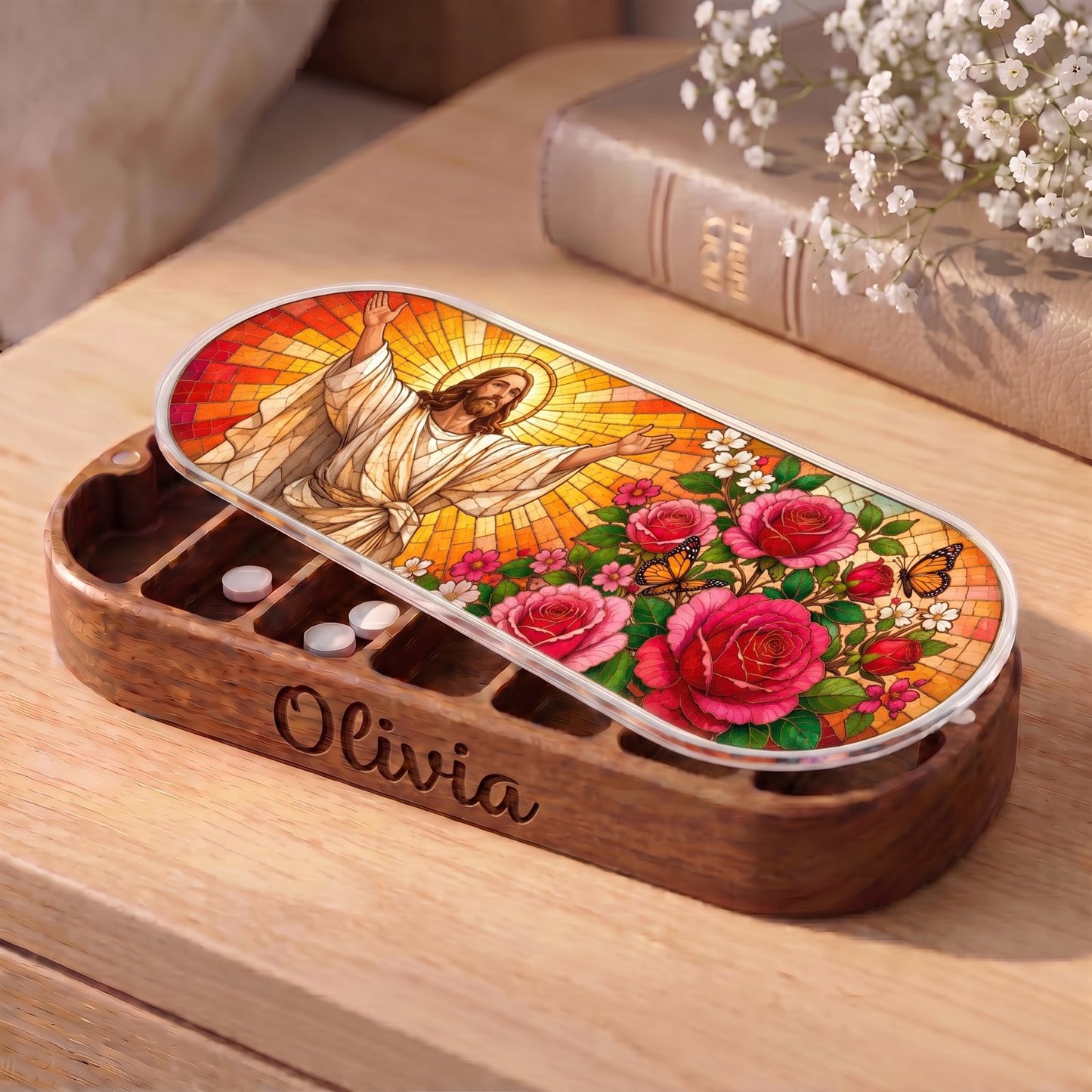 Welcoming Jesus Roses and Butterflies Personalized Pill Case product image 1