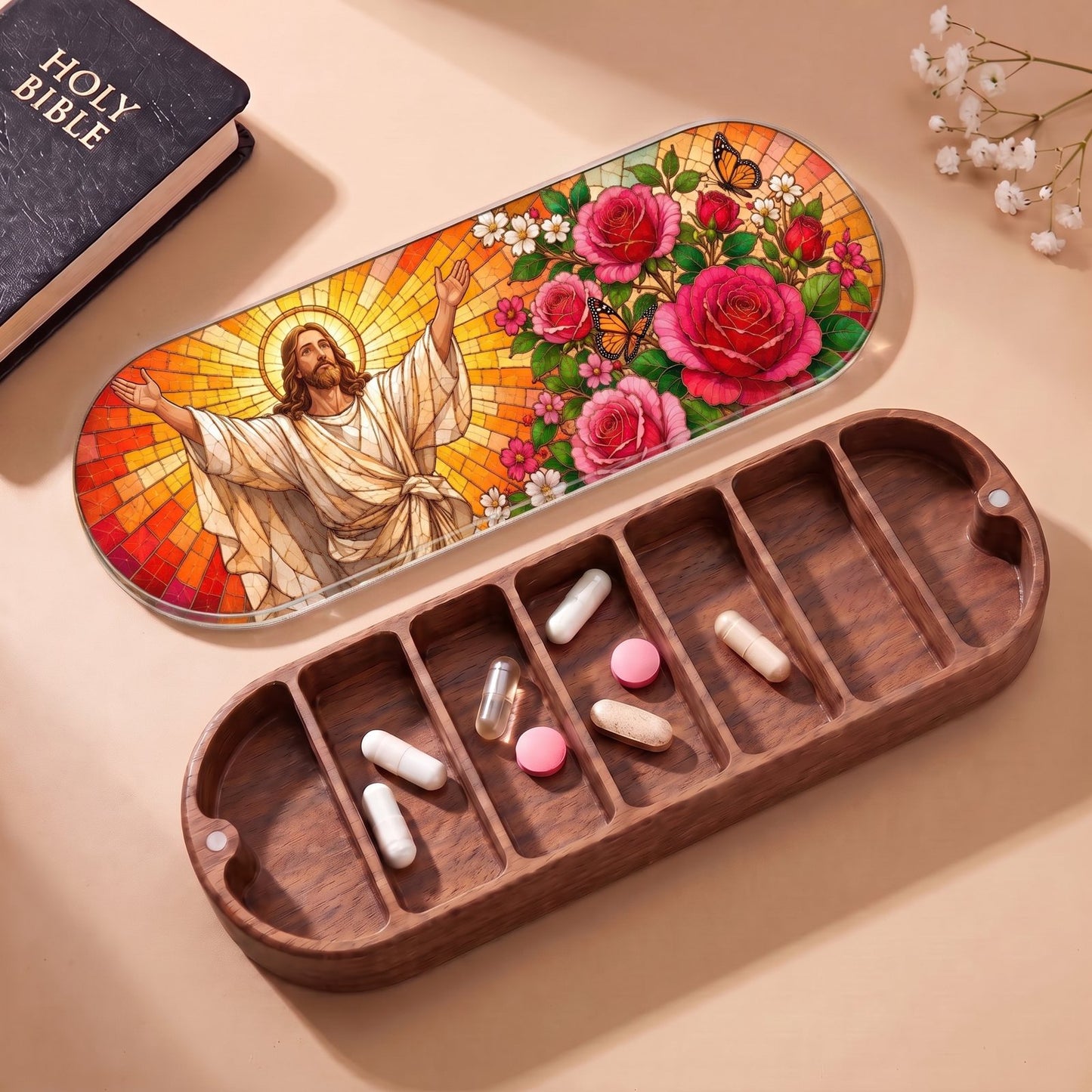 Welcoming Jesus Roses and Butterflies Personalized Pill Case product image 2