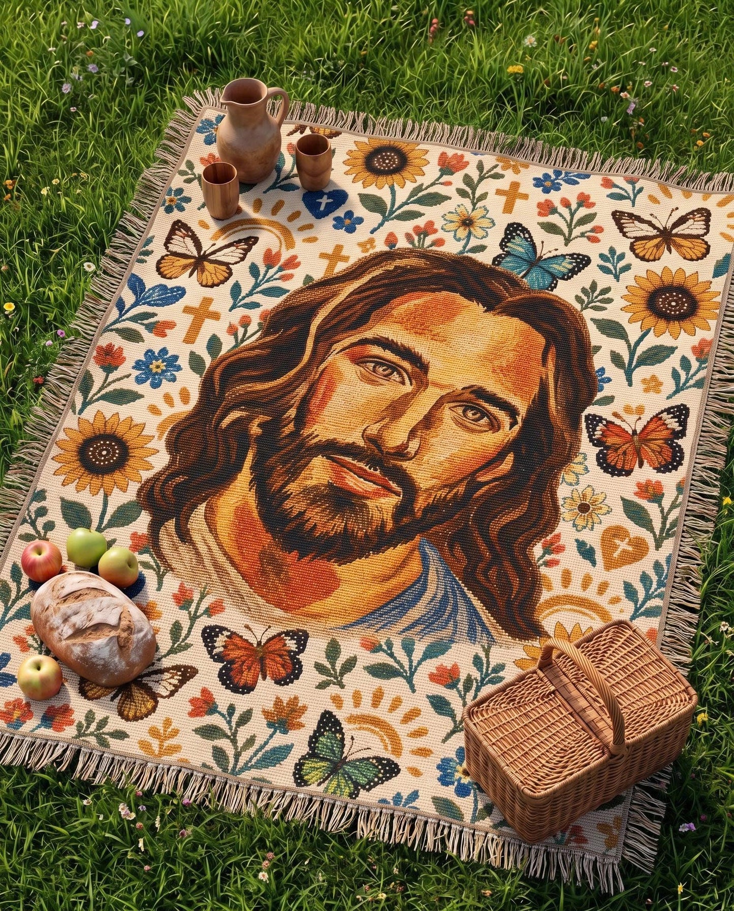 "Sunflower Grace — Jesus in the Garden" Woven Blanket