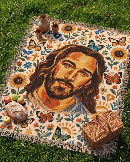 "Sunflower Grace — Jesus in the Garden" Woven Blanket