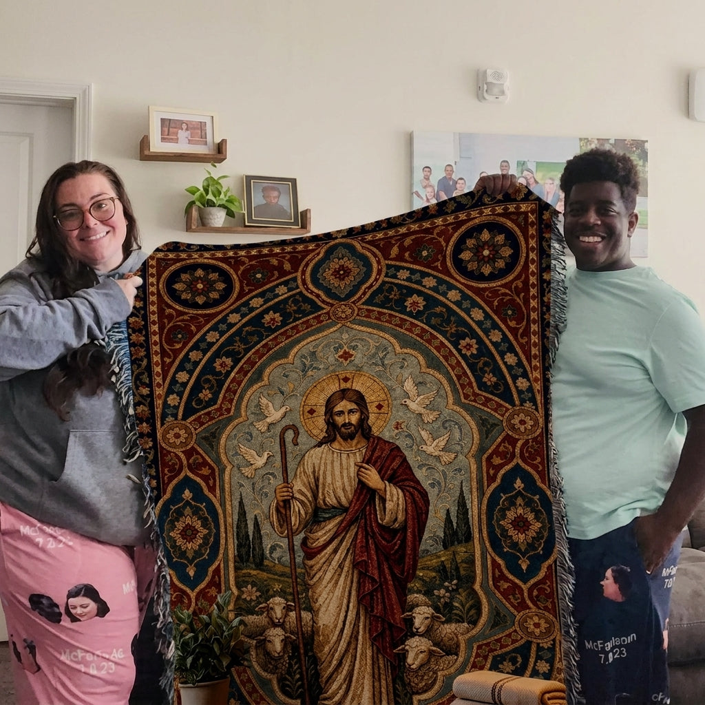 FaithShine woven blanket customer photo — Looks like actual woven art