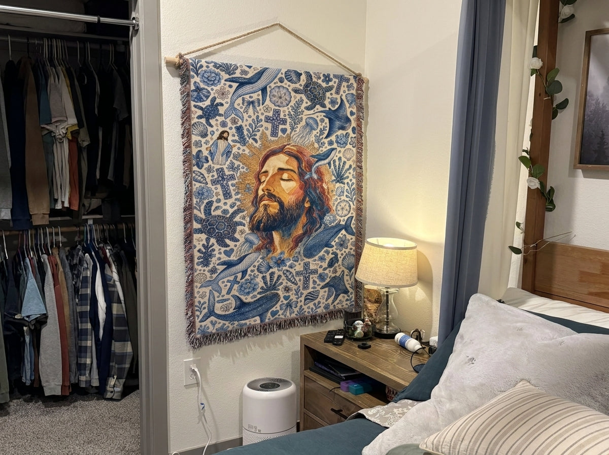 FaithShine woven blanket customer photo — Comfortable and pretty on the sofa